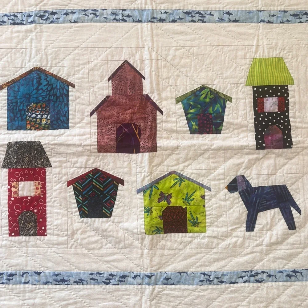 Handmade Quilted Wall Hanging Small Blanket Colorful Houses Dog Shark Border